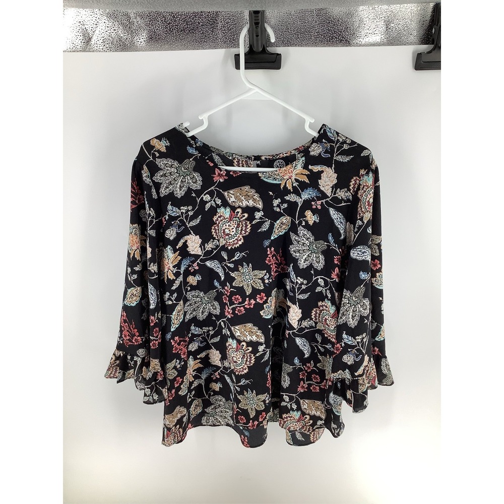 Bobeau Womens XL Black Floral Paisley Ruffle Sleeve Scoop Neck Blouse Top